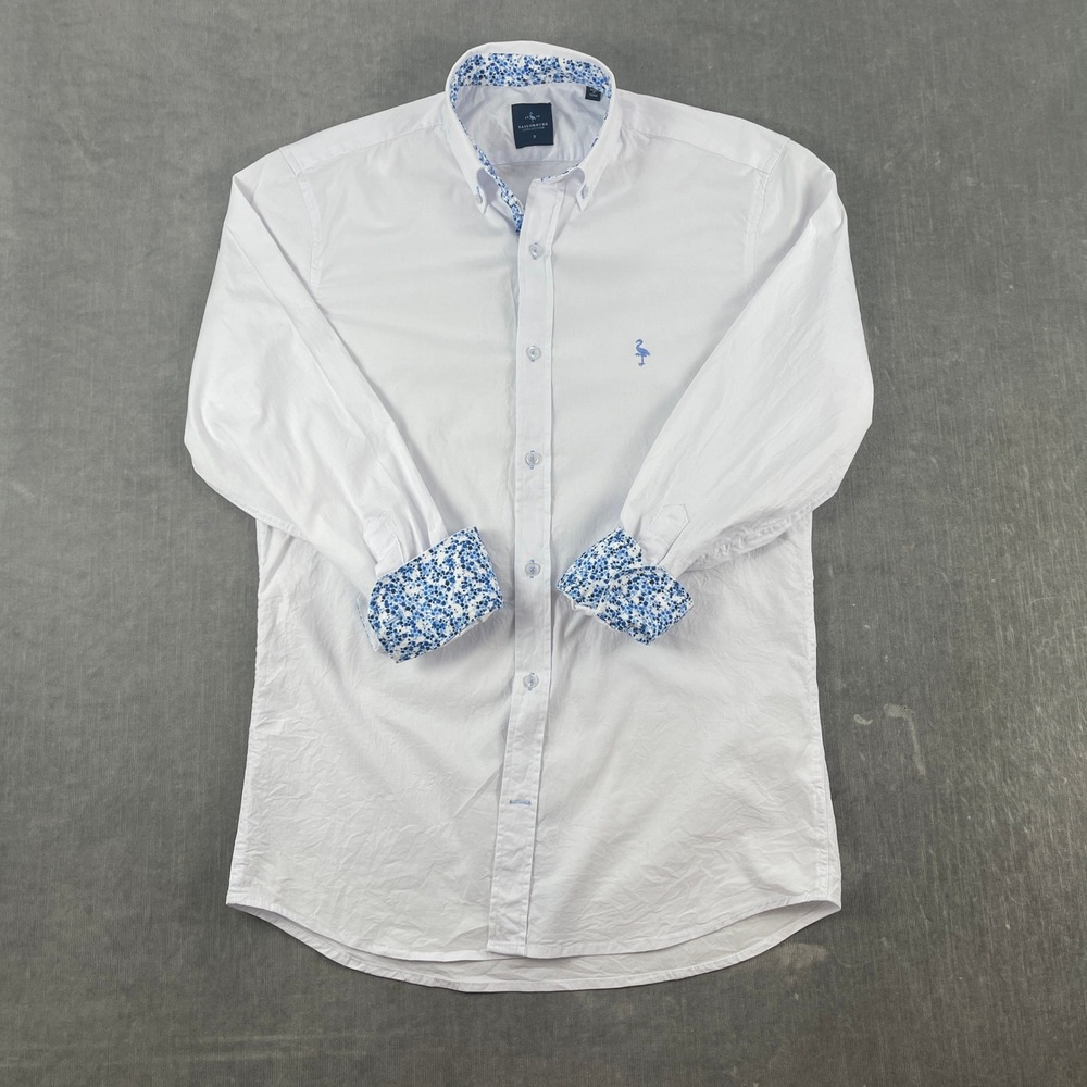 Tailorbyrd Men S White Button Down Shirt Flamingo Logo Floral Trim Long Sleeve